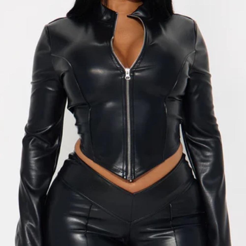 (NEW W TAG) Faux-Leather Zip Shirt Jacket